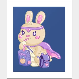 Kawaii superhero bunny drinks juice Posters and Art